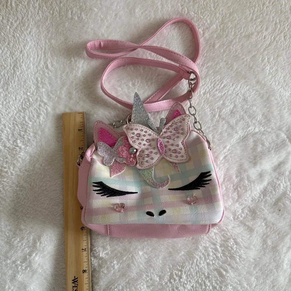 OMG Accessories Unicorn Crossbody‎ Purse Pink Plaid Butterfly Rhinestone Girls